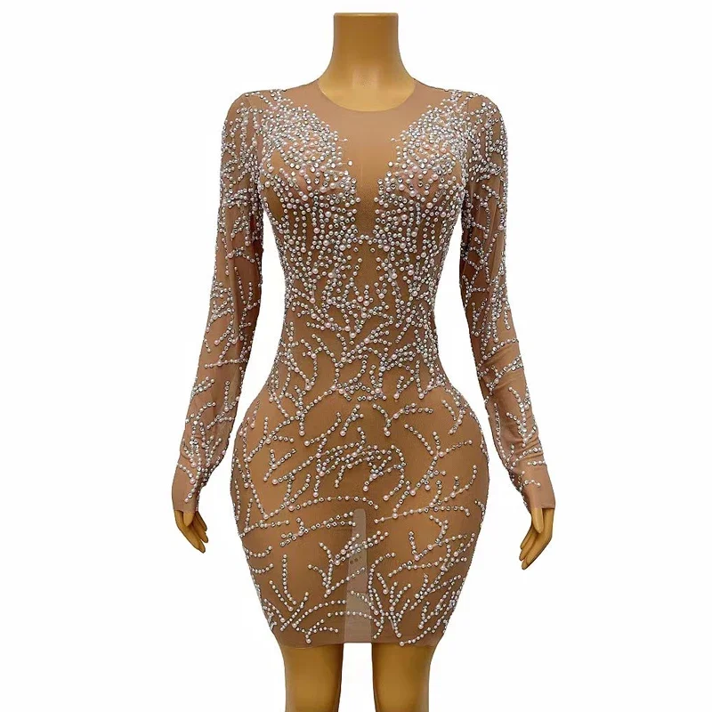 Sexy Perspective Mesh Party Dress Women Pearls Rhinestones Dress Birthday Celebrate Costume Stage Evening Dresses Outfit YY
