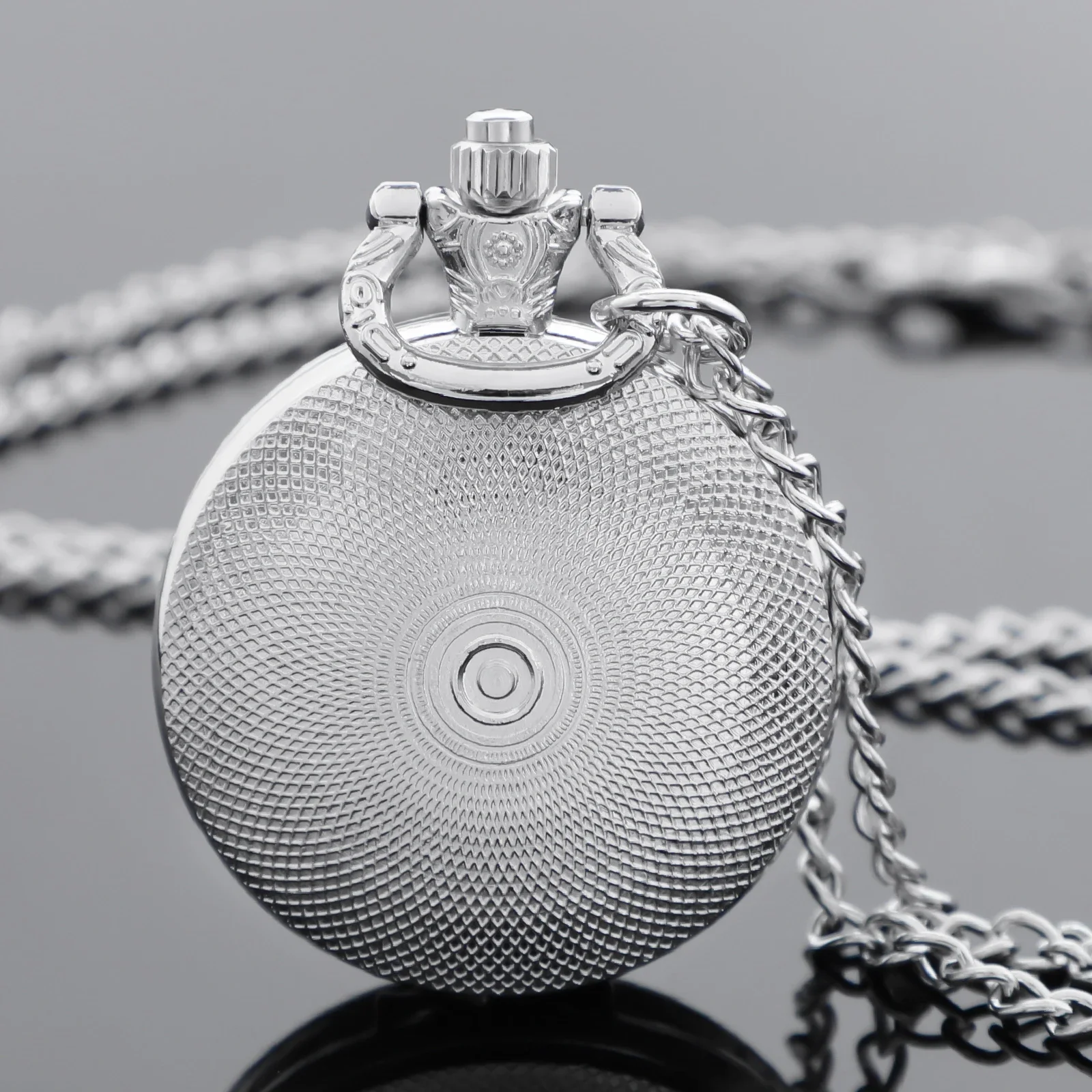 Fashion Silver Stainless Steel Arcane Jinx Design Glass Dome Quartz Pocket Watch Necklace Women Jewelry Pendant Chain