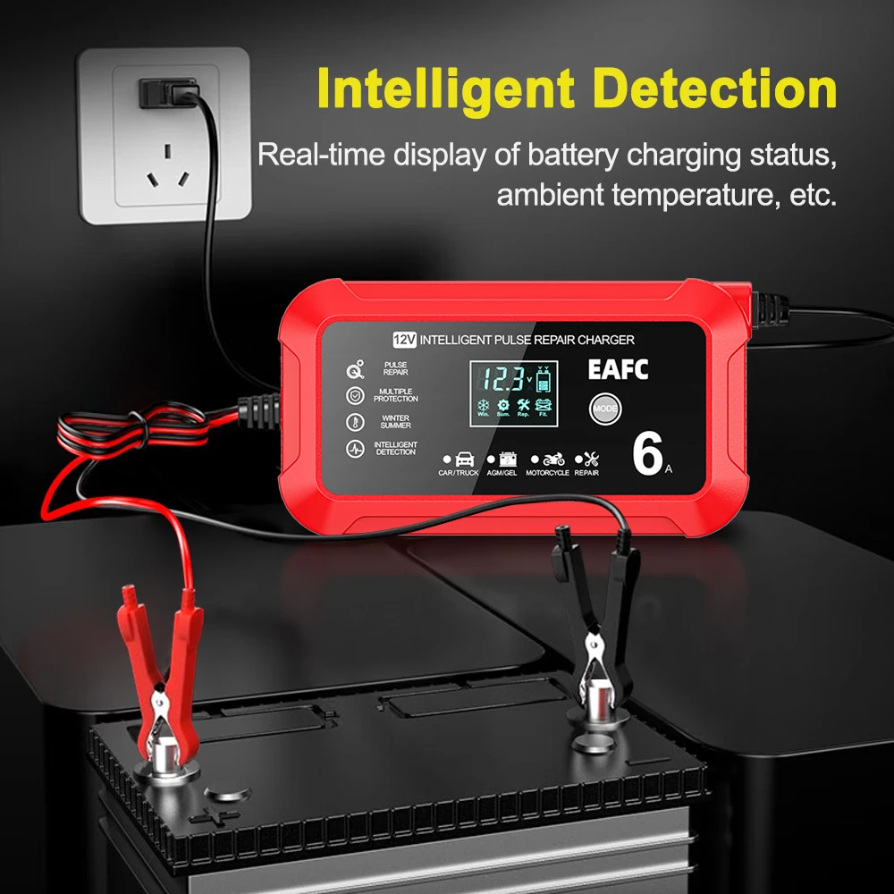 EAFC 12 فولت 6A شاشة كبيرة شاحن بطارية ذكي صيانة نبض إصلاح Desulfator لسيارة شاحنة SUV دراجة نارية AGM هلام البطارية #5