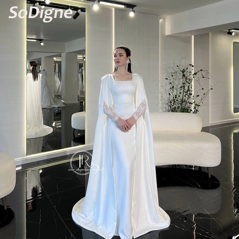 SoDigne A-line Satin Wedding Dresses Square Collar Lace Sleeves Bridal Dress 2026 Long Bride Gown vestidos de novia Customized