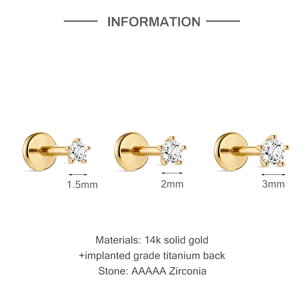 Aide 1PC 14K Soild Gold Implanted Grade Titanium Back  Star Zircon Cartilage Helix Threaded Piercing Fine Jewelry Gift For Here