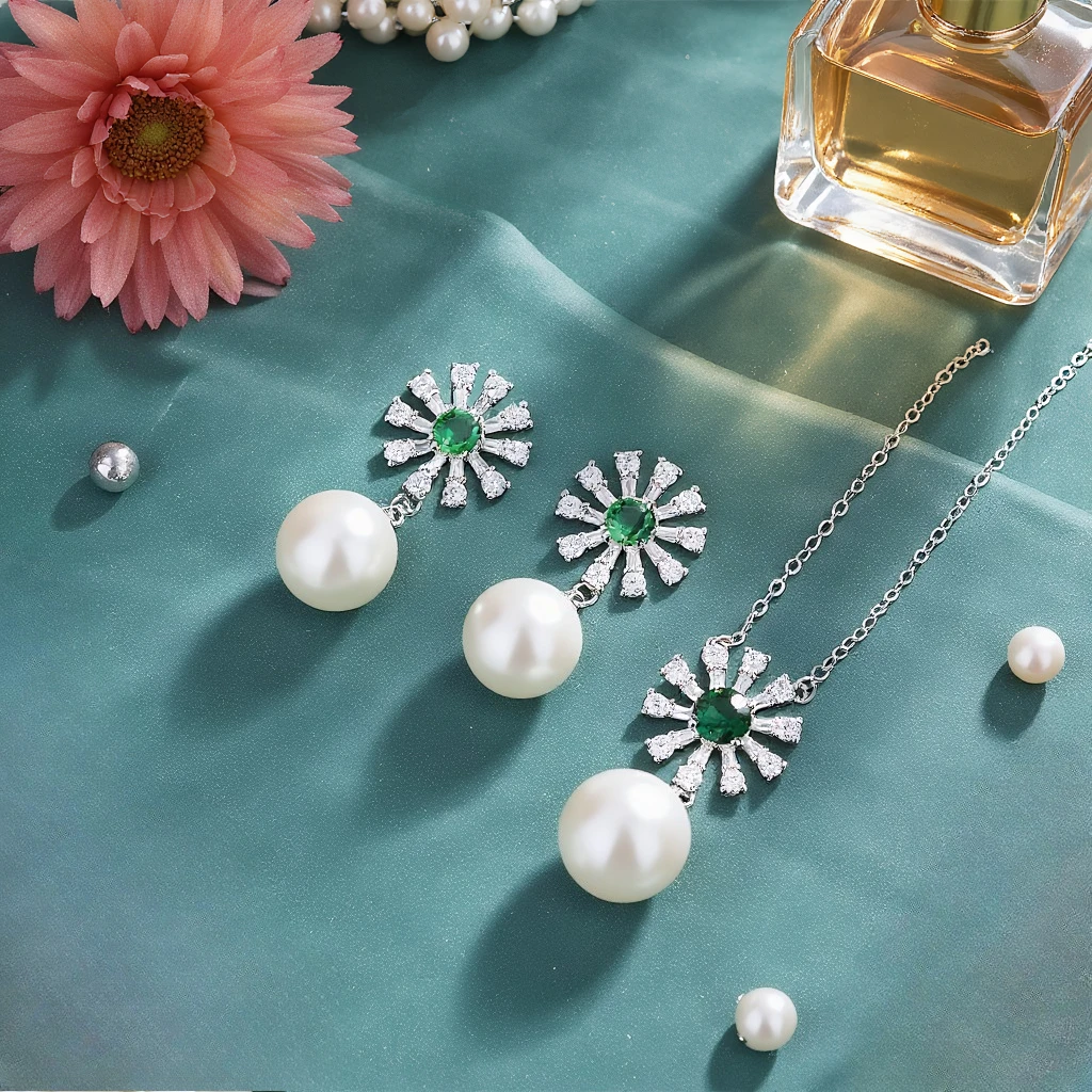 

3pcs Elegant Vintage Jewelry Set for Women Sunflower White Pearl Necklace Shiny Crystal Choker Bridal Wedding Earrings Party