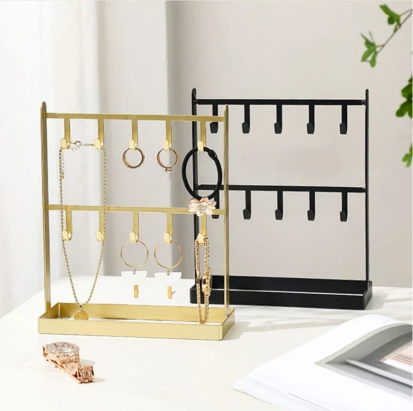 Metal Double Layers Hook Jewelry Rack Earrings Ring Necklace Display Entrance Key Watch Hanging Dresser Jewelry Storage Rack