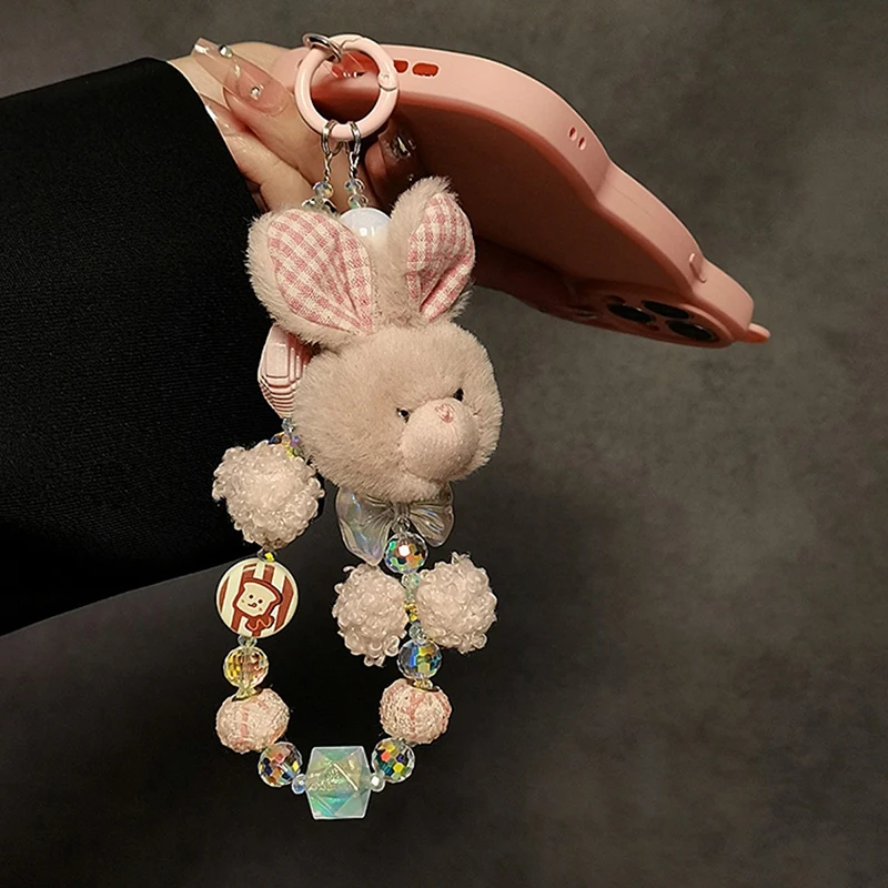 Girls Cartoon Lovely Rabbit Doll Anti-Lost Phone Chain Sweet Handmade Bowknot Beads Pendant Keychain Charm Wrist Phone Lanyard