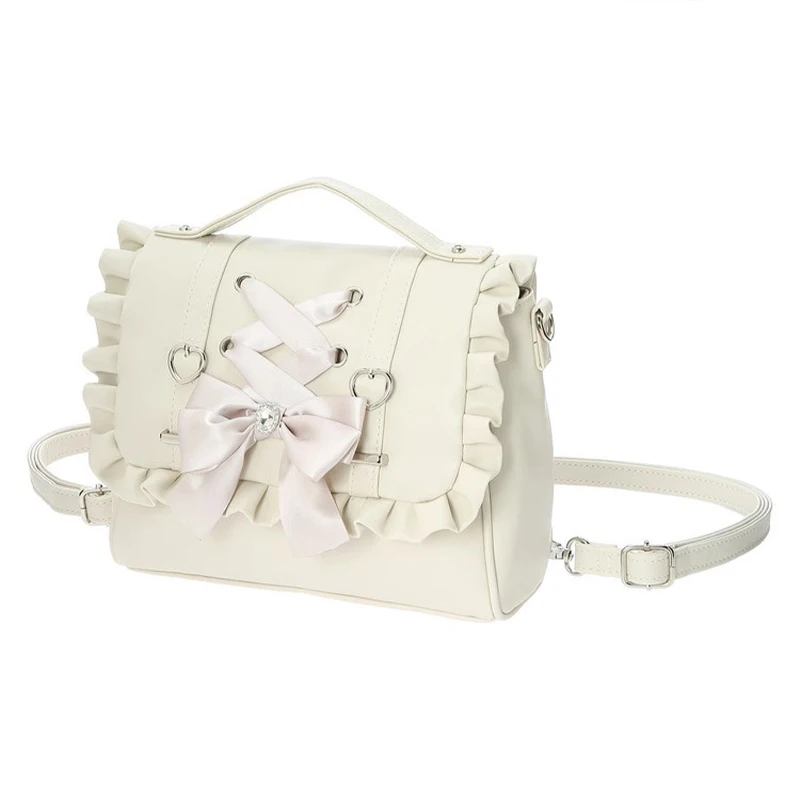 Sweet Lolita Style Crossbody Shoulder Bag for Women Y2K Kawaii Pink Heart Bow PU Leather Cute Cosplay School Daily Bag