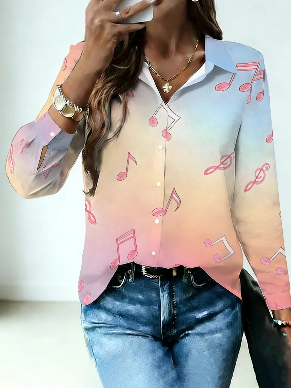 Minimal Soft Music Note Womens Collared Shirt Pastel Rainbow Gradient Base Pink Doodle Treble Clef Allover Print Long Sleeve Off