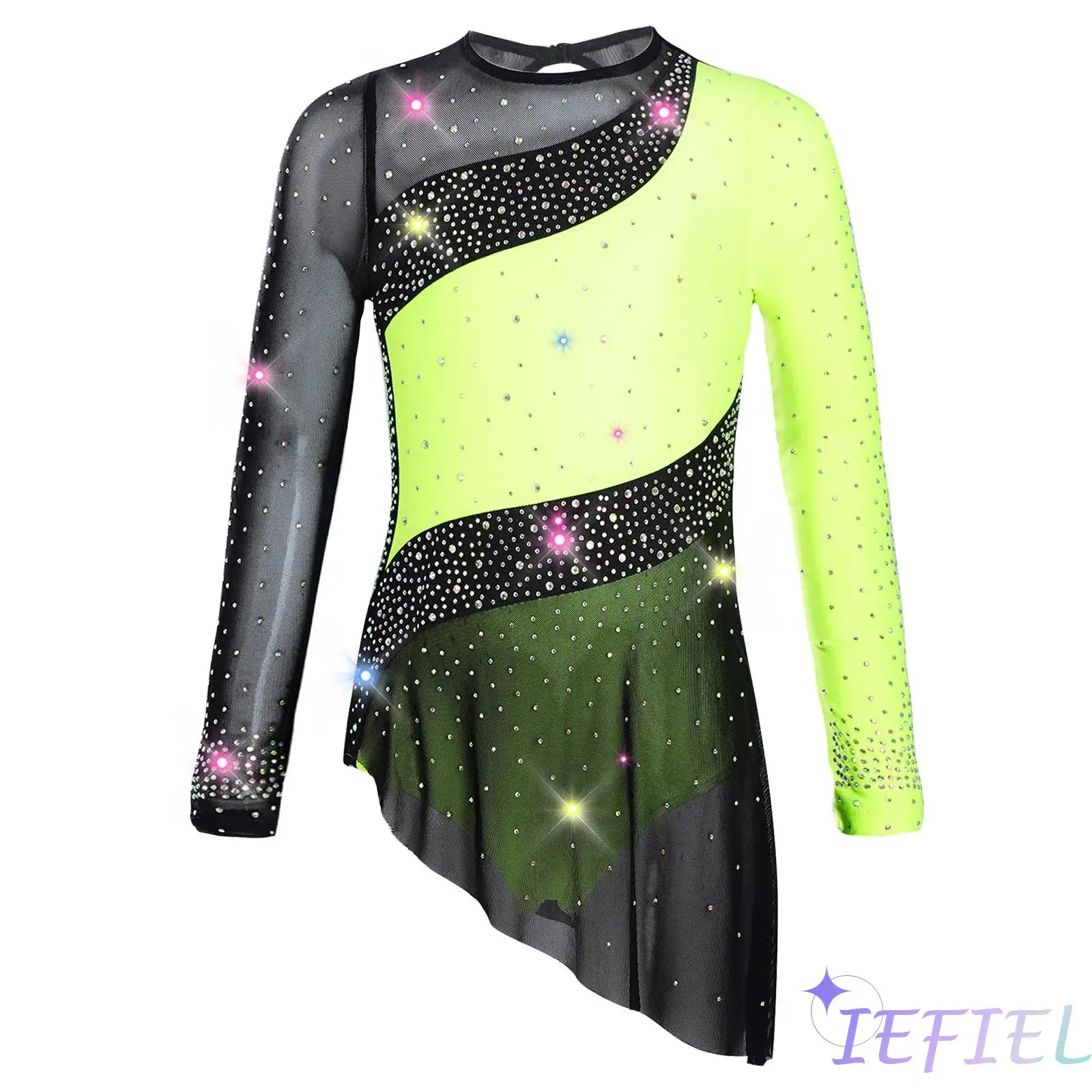 

Kids Girls Rhythmic Gymnastics Costume Long Sleeve Sheer Mesh Patchwork Sparkling Rhinestones Color Block Ballet Leotard