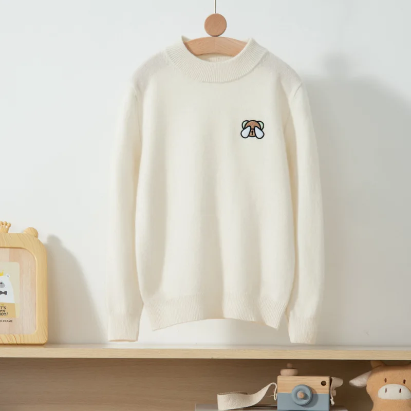 

High quality cashmere knitted sweater boys and girls Korean version embroidered with teddy bear wool round neck loose base top