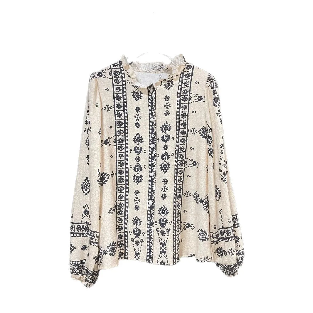 Long Sleeve Button Shirt with Geometric Pattern Single Breasted Printed Retro Regular Length Casual Regular Fit Women Shirt