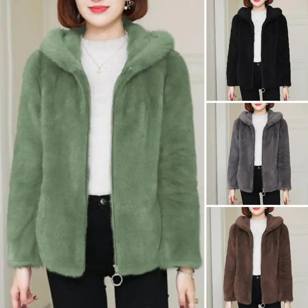 Women Winter Coat Double-sided Thick Cozy Plush Hooded Long Sleeves Zipper Closure Solid Color Cardigan Loose Jacket Outerwear