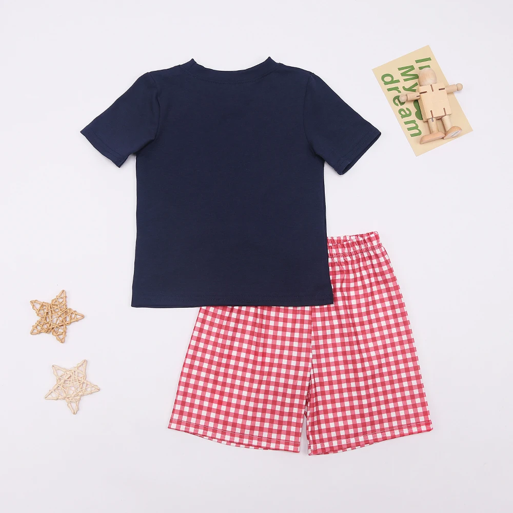 Ropa Baby New Kids Cotton Short Sleeved T-shirt Set Round Neck Farm Animal Embroidery Boy Top Clothes And Red Lattice Short Suit image 2