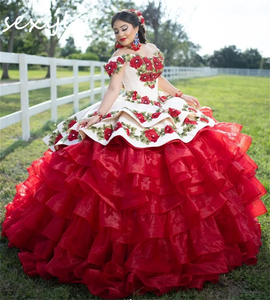 Mexica Red Charro Quinceanera Dresses Off Shoulders Plus Size Flower Beaded Fifteen Vestidos De Xv Año Tiered Ruffles Customized