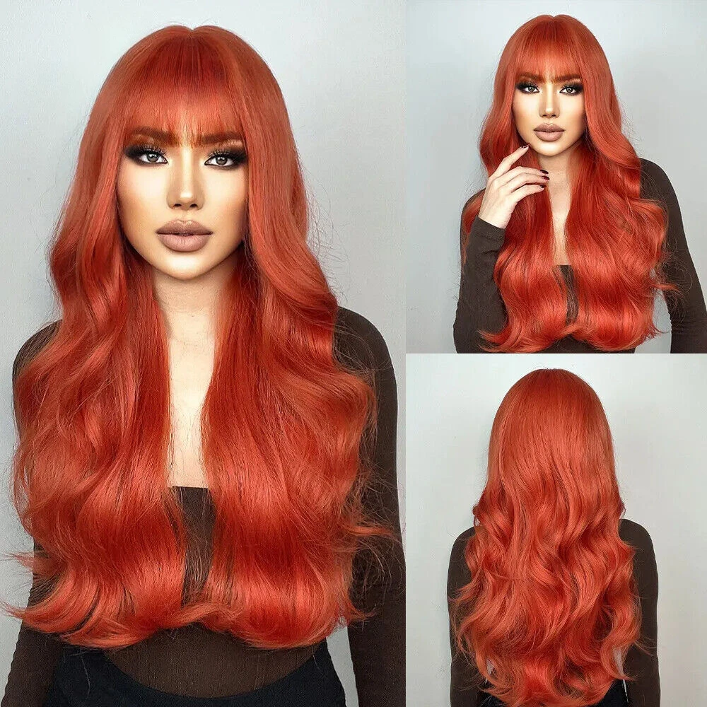 

Orange Colored Synthetic With Bangs Long Ginger Red Wavy Wigs