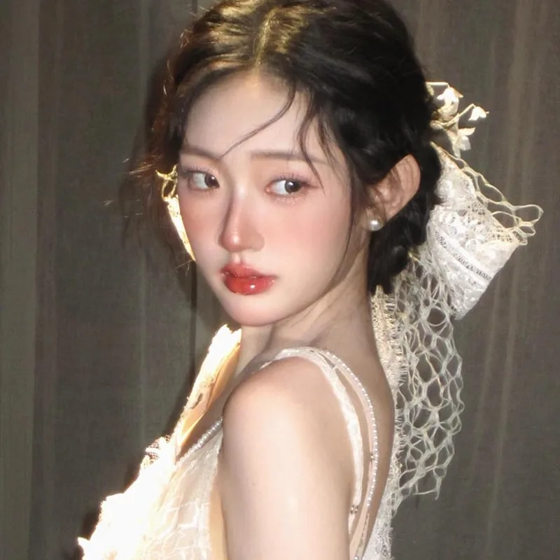 Bridal veil hair accessories white lace bow hairpin French retro headgear wedding license photography advanced sense