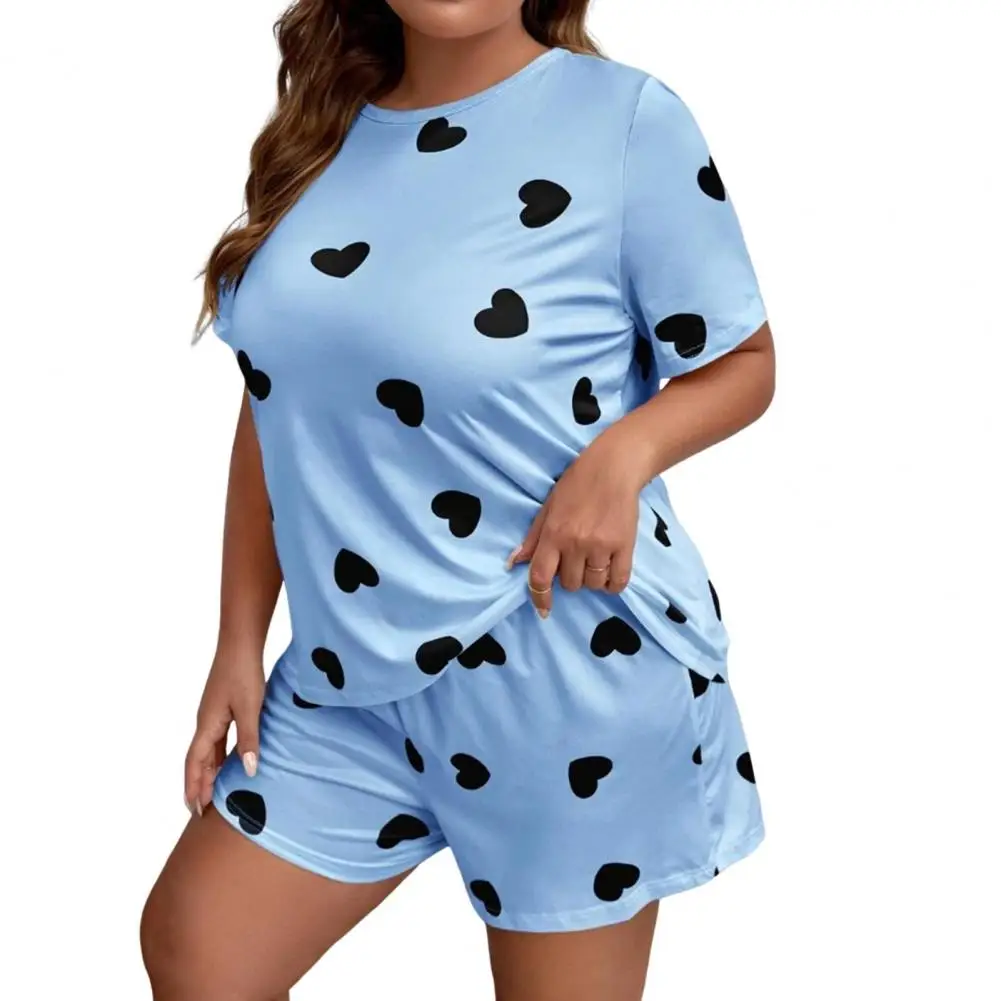 Plus Size XL-4XL Oversized Sleepwear Round Neck Women\'s Pajamas Sets Short Sleeve T-Shirt Shorts Pink Heart Print Loungwear 2PC