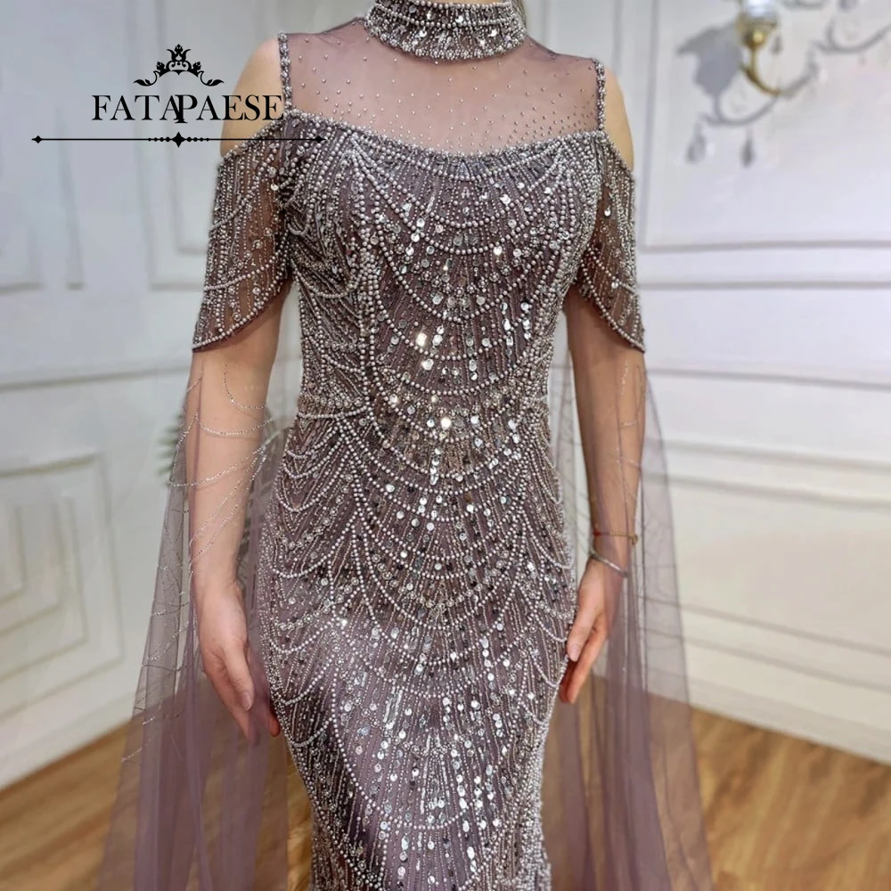 FATAPAESE Mermaid Luxury Dubai Evening Dress with Cape Sleeves Elegant Women Purple Wedding Formal Party Gown