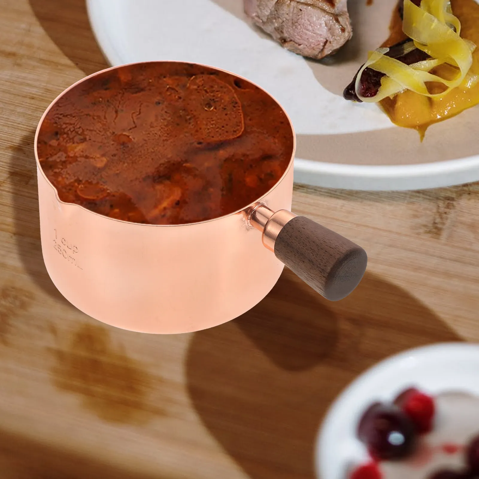 1 unidad de tazón para salsa con mango de madera, taza de inmersión de acero inoxidable engrosado, recipiente para condimentos de cocina, recipiente para salsa de soja para carne, para servir alimentos
