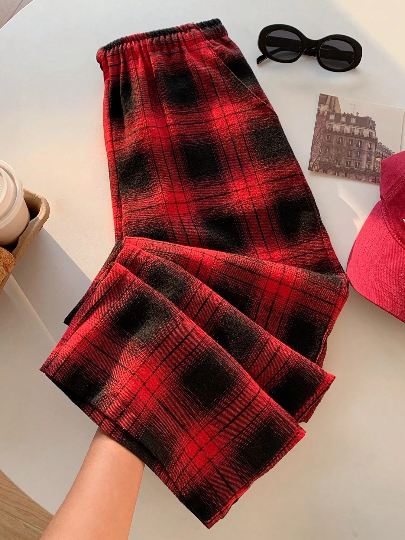 New Y2K Red Checkered Wide Leg Casual Women's Pants Elastic Retro Straight Leg Loose Sleepwear Casual Walking Sleepwear Kids