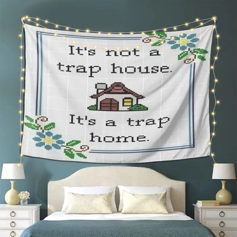 VIKAMA Fun Quote Trap Home Wall Hanging, Pixel Cottage Flower Border Humorous Text Tapestry, Living Room and Bedroom Home Decor