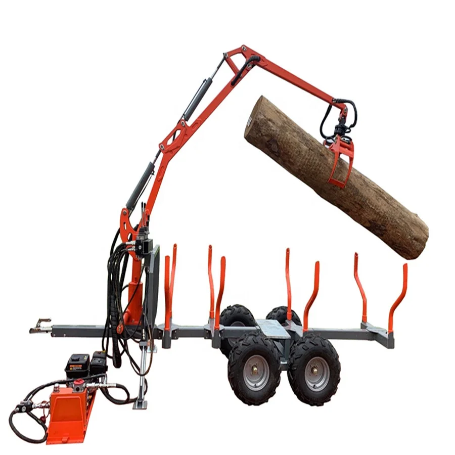 Forestry Machine 4wd Log Trailers With Log Crane & Grapple Rotator , 2ton Hydraulic Timber Logging Loading Loader /wagon