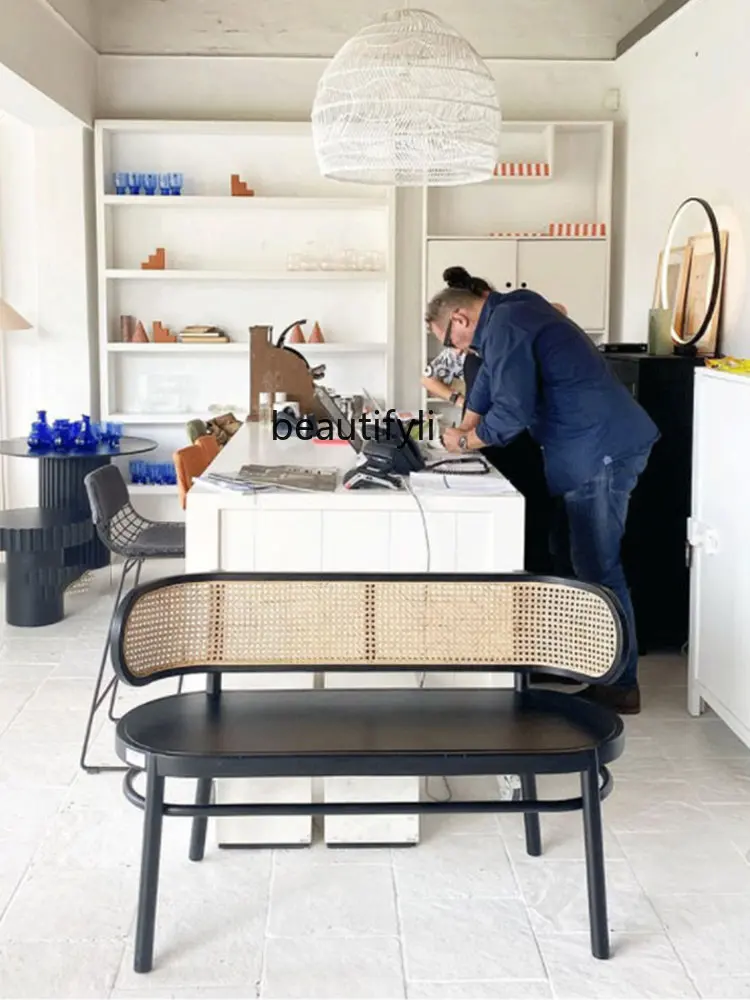 Massivholz Retro Doppel Rattan Stuhl Silent Style Log lange Bank Freizeit Rückenlehne Rattan Couch