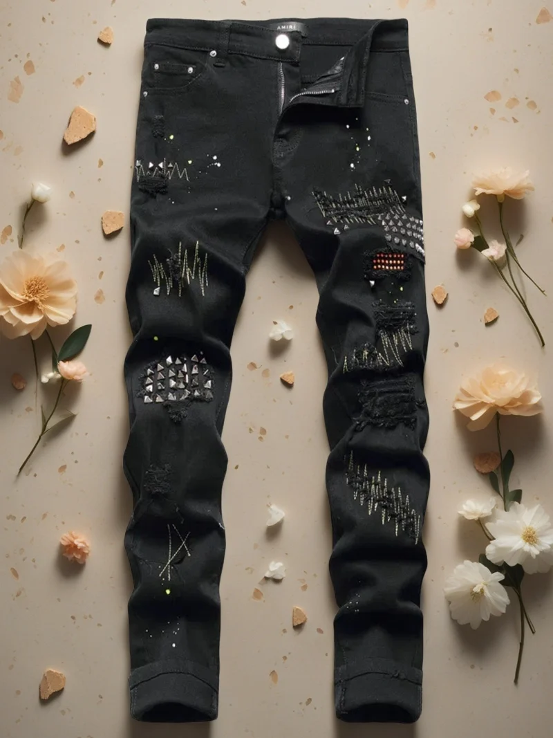 

Men's Ripped Jeans Casual Print Slim Stretch Embroidered Jeans Skinny Denim Black Foot Wash Jeans