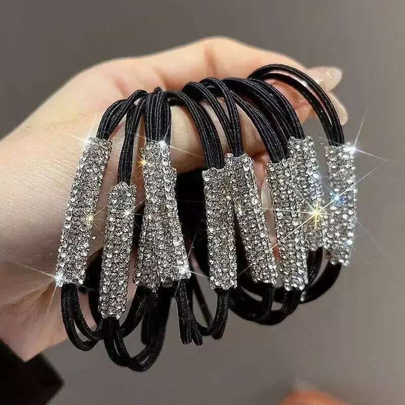 10 Pcs Women's Shiny Rhinestone Hairbands Fashion Bright Diamond Adult Hair Tie High Elasticity Rubber Band Ponytail Hair Tie