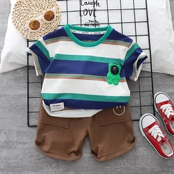 Cartoon Stripe Baby Boys' Short Sleeve clothing Set Cotton Fashion Children's Girls' T-shirt clothes Set Handsome Summer