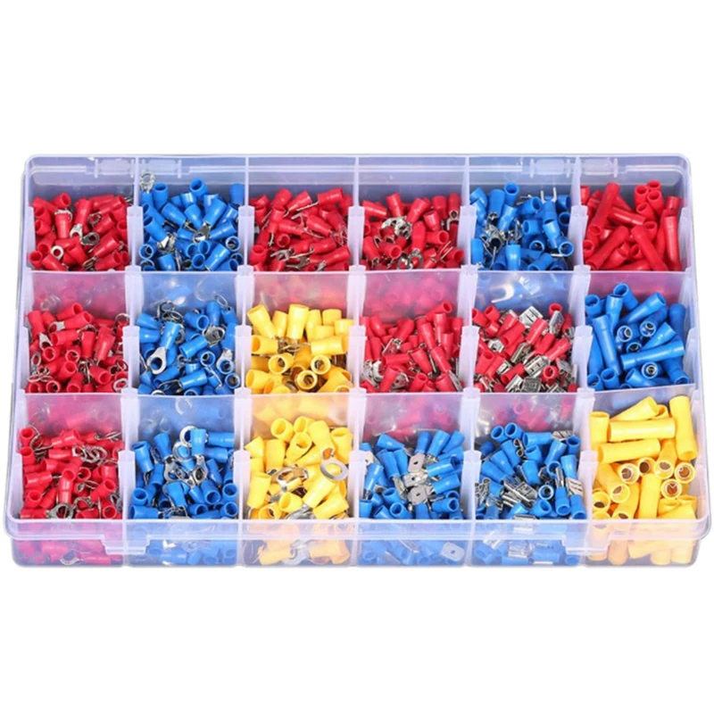 TOP 1200Pcs Cold-Pressed Terminal Block Combination Set Connecting Terminal Assorted Spade Cable Connector Crimp