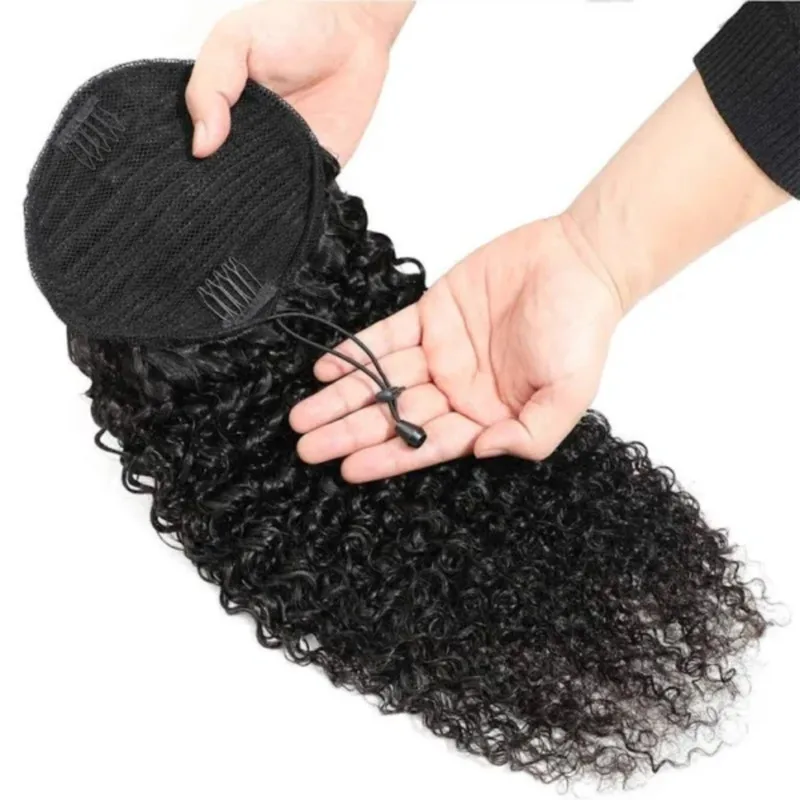 Onda Profunda Caudas De Cavalo Do Cabelo Humano, Onda De Água, Extensões De Cordão, Hairpiece Preto Natural, Clipe No Rabo De Cavalo, 14-26 em