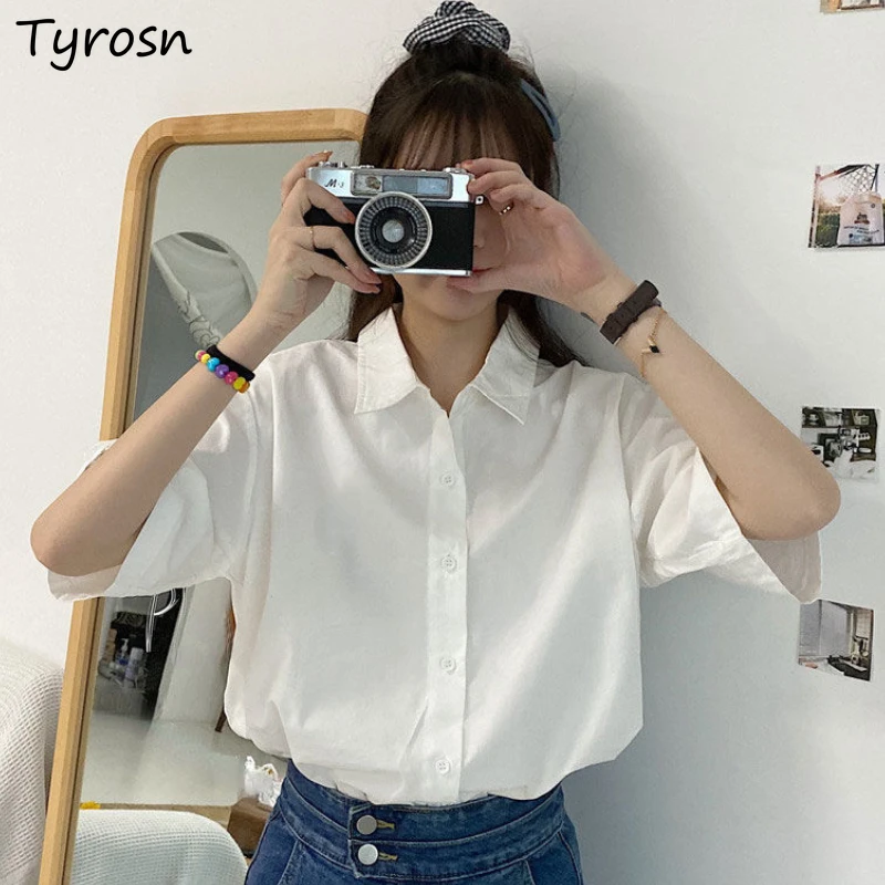 Basic Shirts Women Minimalist Pure Daily Short-sleeve Summer Straight All-match Casual Korean Style Colleges White Classic Chic