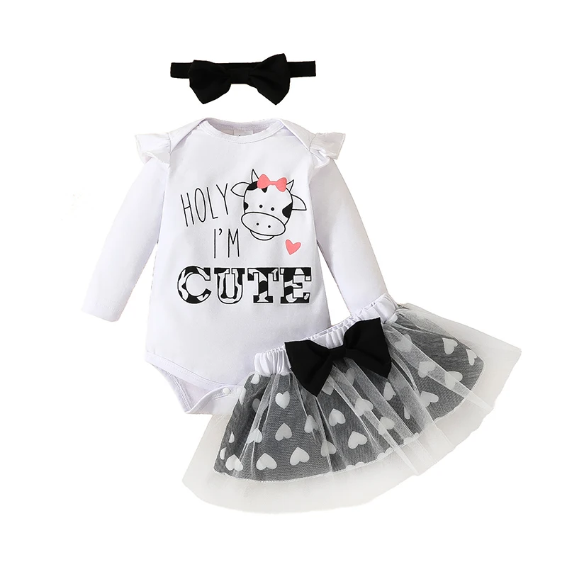 

Baby Girl Set White Long Sleeve Cow Print Bodysuit Bowknot Half Body Mesh Skirt Suits 0-18 Months Newborn Baby Girl Clothes