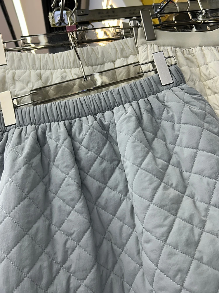 Women's Autumn Winter Elastic Waist Ruffles A Line Cotoon Padded Skirt Lady Solid Color High Waist Diamond Pattern Quilted Skirt