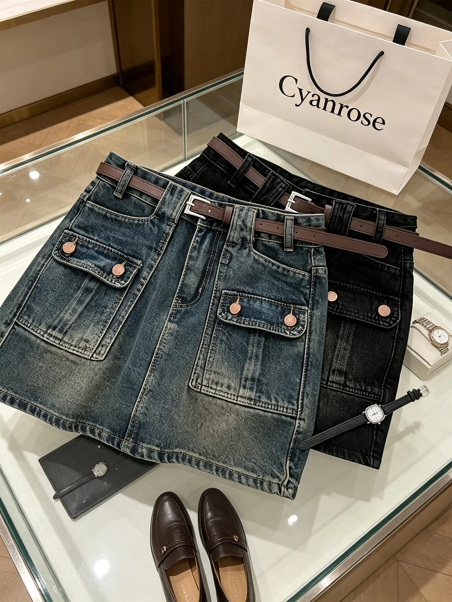 Women Blue Mini Denim Skirt Y2K Gyaru Short Jean Skirt Vintage Elegant High Waist A-line Cowboy Skirt with Belt for Women Summer