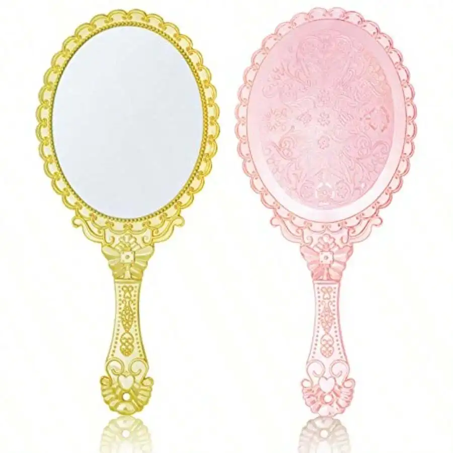 

2pcs Vintage Handheld Makeup Mirror With Handle Portable Embossed Flower Decorative Compact Mirror For Women