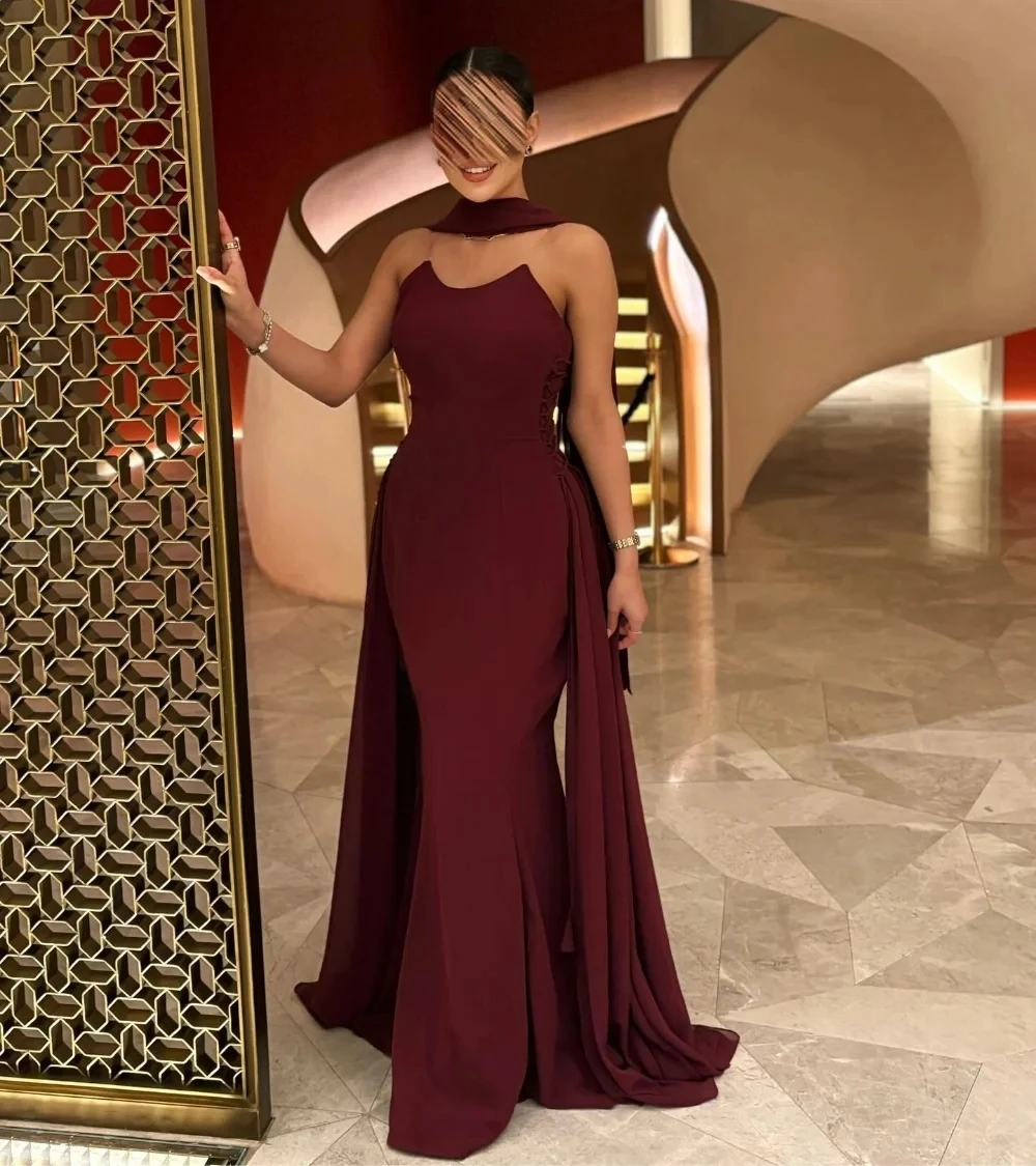 Burgundy Formal Long Bespoke Occasion Gown Evening Dresses Pastrol Unisex Jersey Retro Dubai Saudi Arabic Prom Customized