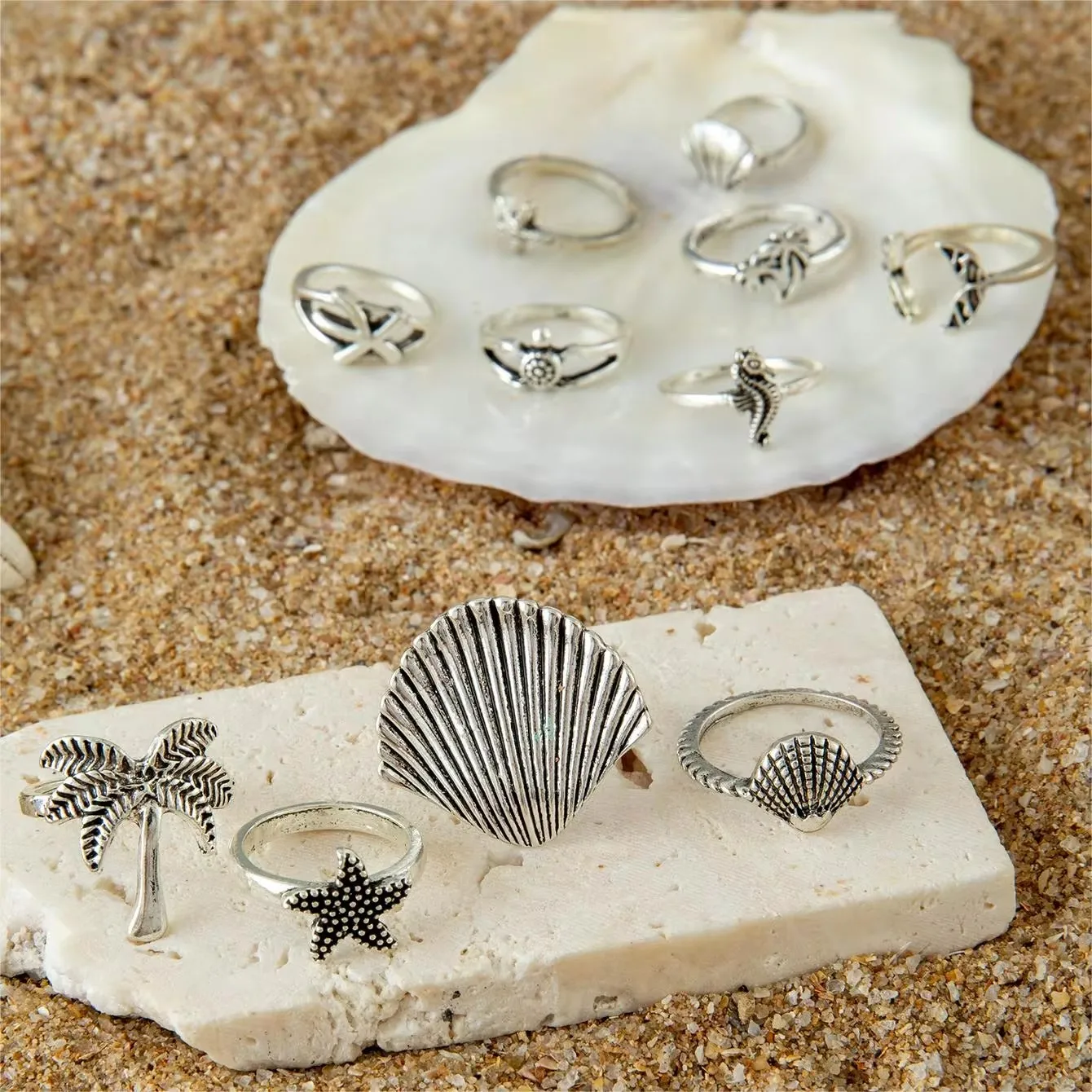 Docona Bohemian Sea Starfish Scallop Joint Ring Sets for Women Vintage Silver Color Flower Shell Ring Beach Jewelry Holiday