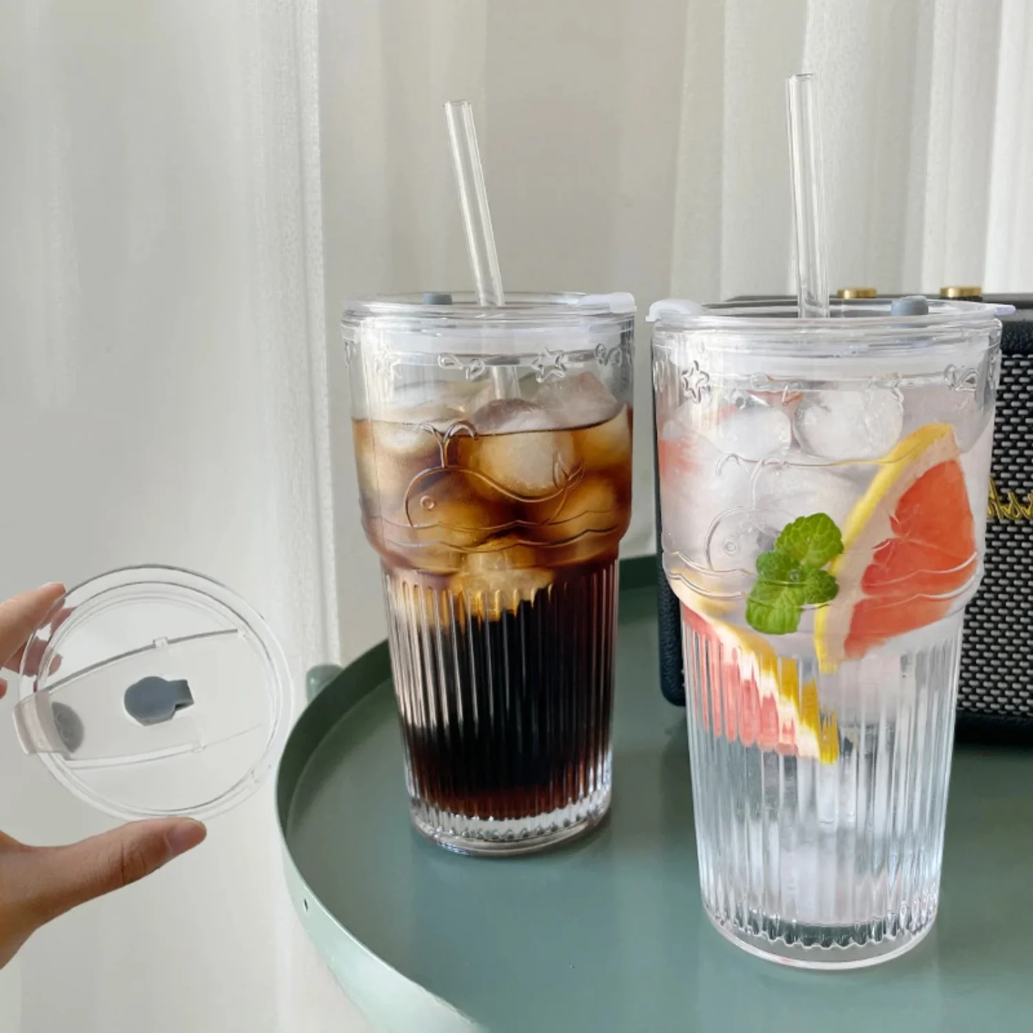 

1pc 600ml Stripe Glass Cup with Lid and Straw Transparent Drinking Glasses Juice Iced Coffee Water Cup Outdoor Drinkware Mug