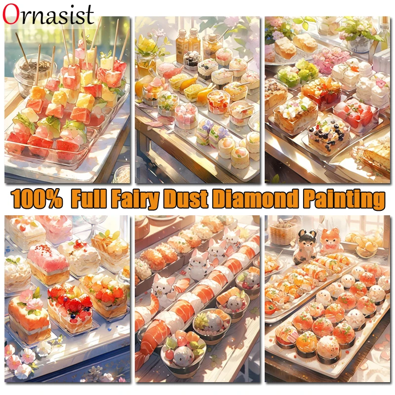 100% Fairy Dust Drill Diamond Painting Cross Stitch Kit Cake DIY Crystal Mosaic Embroidery Cartoon Food Sushi Landscape Wall Art