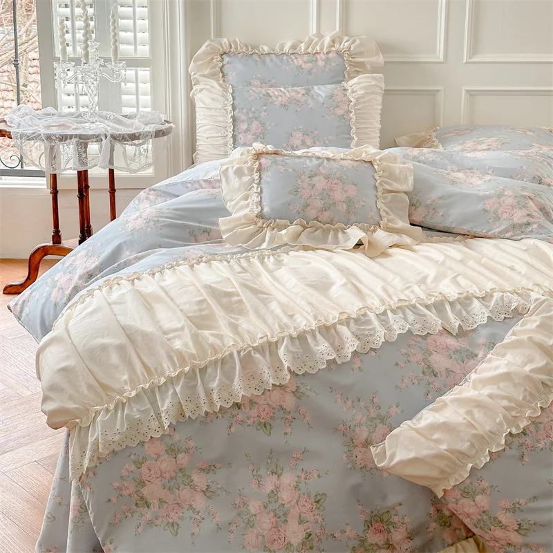 

Pure Cotton French Floral Bedding Set Vintage Country Flowers Ruffles Duvet Cover Flat Sheet Or Bed Skirt With Pillowcases 4Pcs