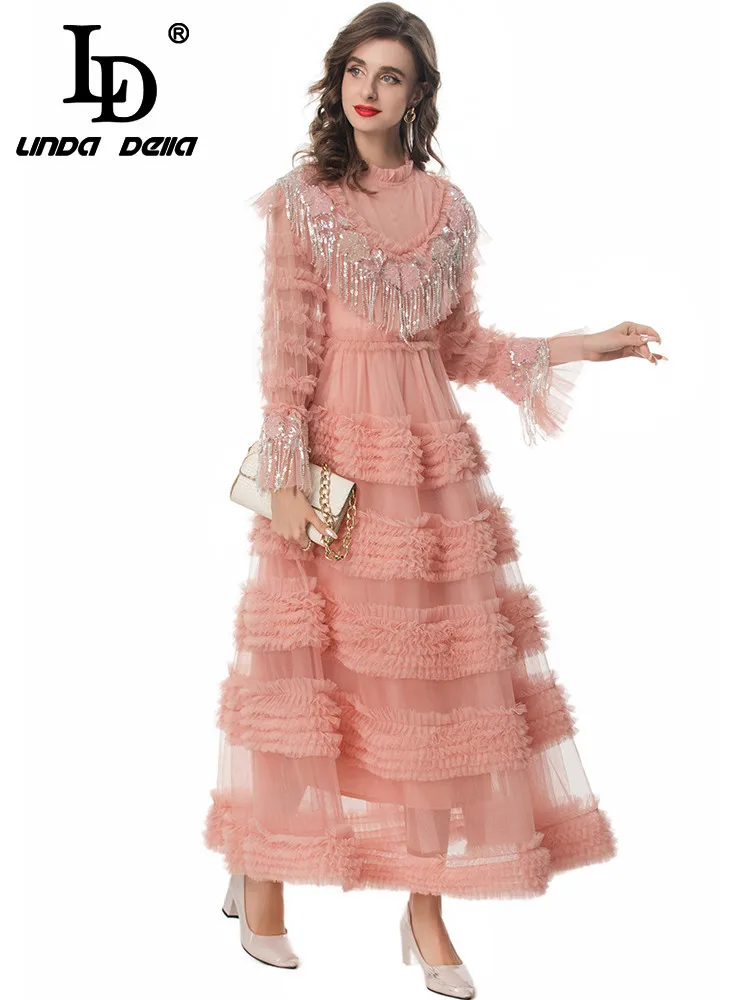 LD LINDA DELLA 2024 New Style Runway Designer Dress Women\'s Vintage Elegant Net Yarn Sequins Tassel Cascading Ruffle Dresses