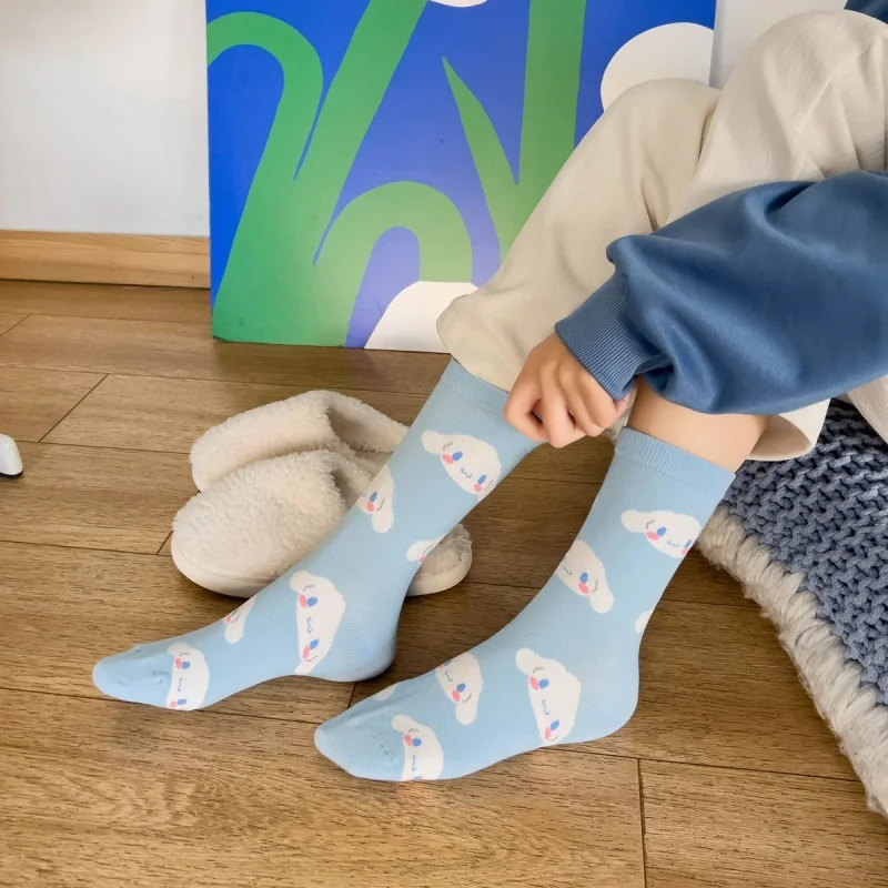 

Cartoon Women's Blue Combed Cotton Long Socks Paired With Cute Dogs Fashionable And Comfortable Casual Long Socks