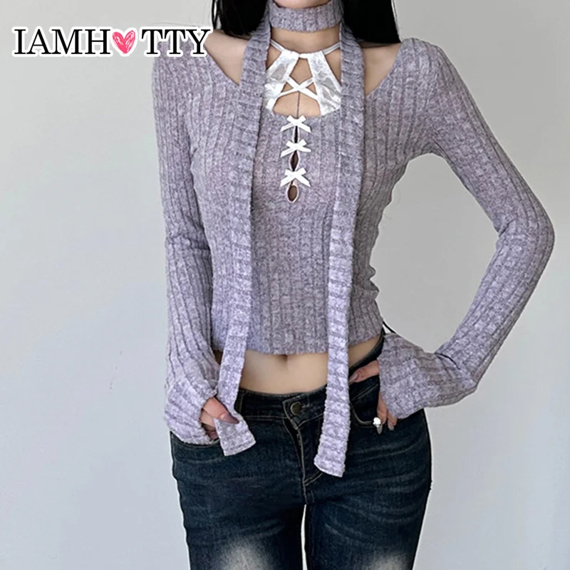 

IAMHOTTY Contrast Lace Patchwork Knitted Cropped Top with Scarf Coquette Aesthetic Slim-fit Multi Bows Long Sleeve T-shirt Y2K