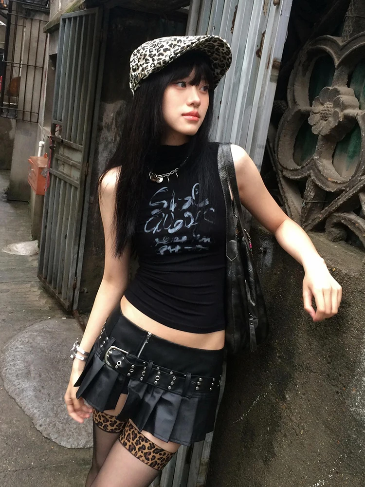 Tonngirls Y2k Vintage Tank Topsผู้หญิงแขนกุดพิมพ์กราฟิกเสื้อStreetwear 2000Sญี่ปุ่นสีดําGrunge Tops E-สาวฤดูร้อน