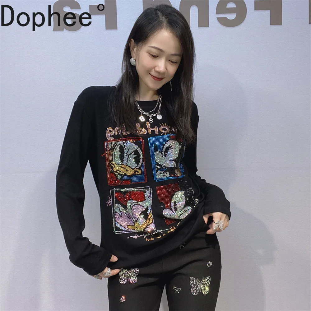 Fashion Autumn Winter Women Basic Tees Cute Cartoon Hot Drilling Black Slim Pullover Top High Stretch Black Long Sleeve T-shirt