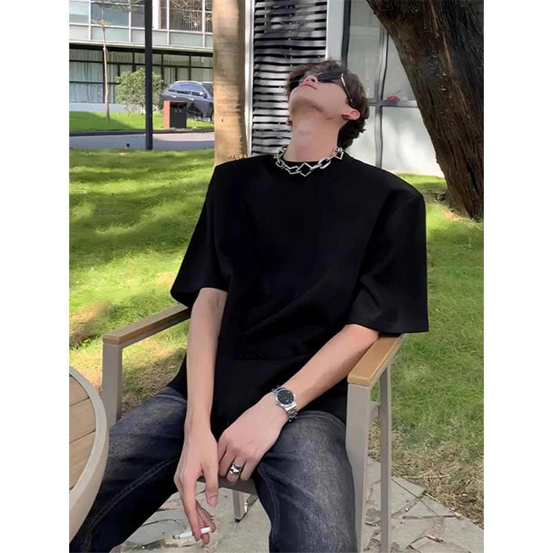 

Мужская черная футболка с коротким рукавом и подплечниками, премиум-качество, плотный хлопок, американский уличный стиль, летняя, дышащая