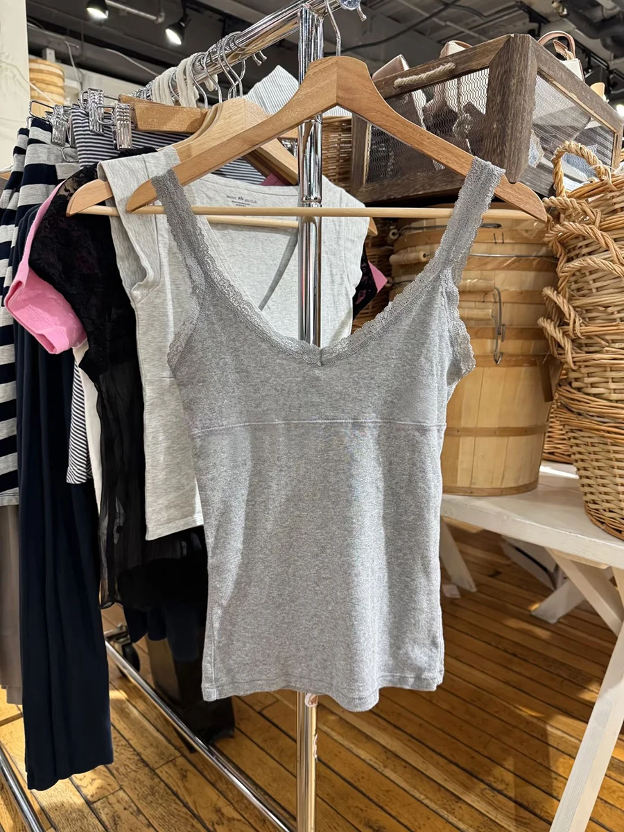 Cami Top Lace - Gray Lace Trim Slim Tank Top