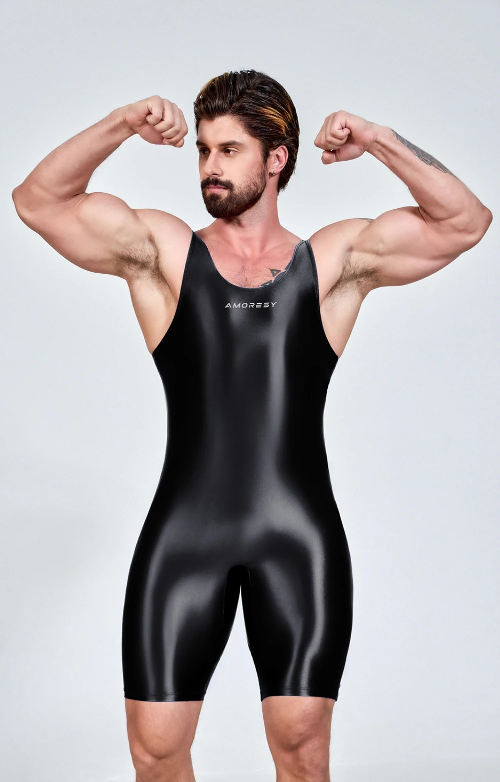 AMORESY Herren Sexy Glänzender, glatter Bodybuilder-Singlet, ärmellos, zum Laufen, Catsuits, Fitness, Yoga, Sport, Overall, Radfahren, einfarbig, eng anliegend – Detail 20