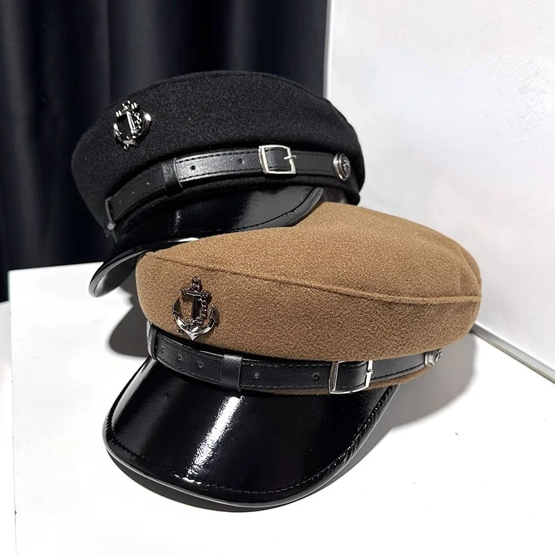 2023 new woolen leather belt navy hat fashion age reduction leather eave warm duck cap Newsboy hat woman