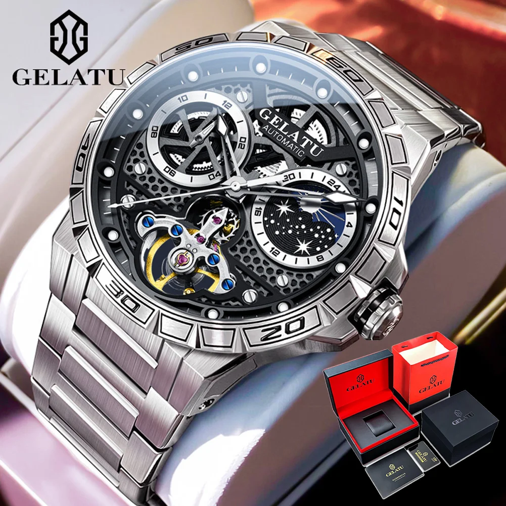 

GELATU 6020 Luxury Multi functional Trendy Men's Watch Skeleton Waterproof Starry Sky dial Brand Automatic Mechanical Men Watch